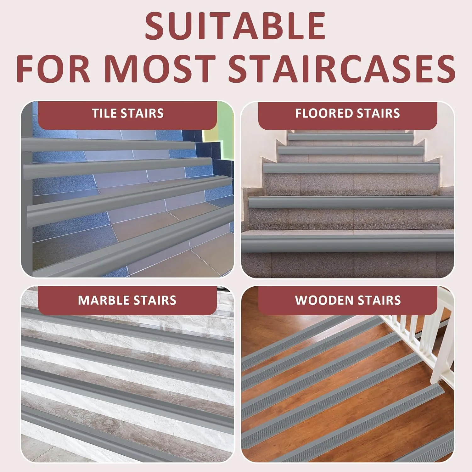 10FT Stair Nosing Rubber Edging, Self Adhesive Staircase Step Edge Protector, Stair Nose for Indoor and Outdoor Steps Stairs Non-Slip and Waterproof, Peel and Stick Vinyl (Gray)