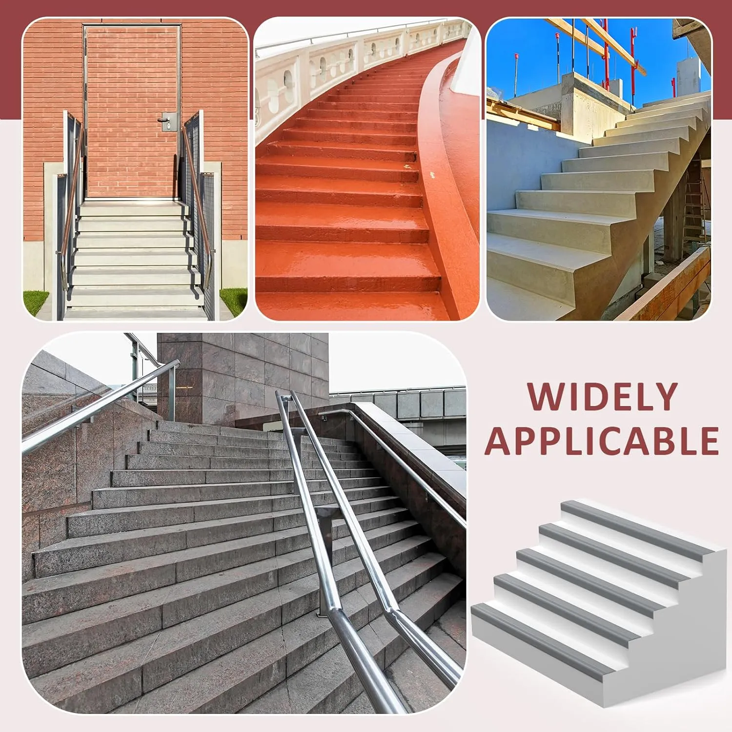 10FT Stair Nosing Rubber Edging, Self Adhesive Staircase Step Edge Protector, Stair Nose for Indoor and Outdoor Steps Stairs Non-Slip and Waterproof, Peel and Stick Vinyl (Gray)