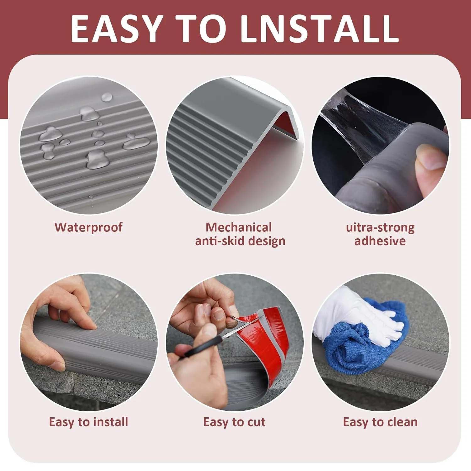 10FT Stair Nosing Rubber Edging, Self Adhesive Staircase Step Edge Protector, Stair Nose for Indoor and Outdoor Steps Stairs Non-Slip and Waterproof, Peel and Stick Vinyl (Gray)