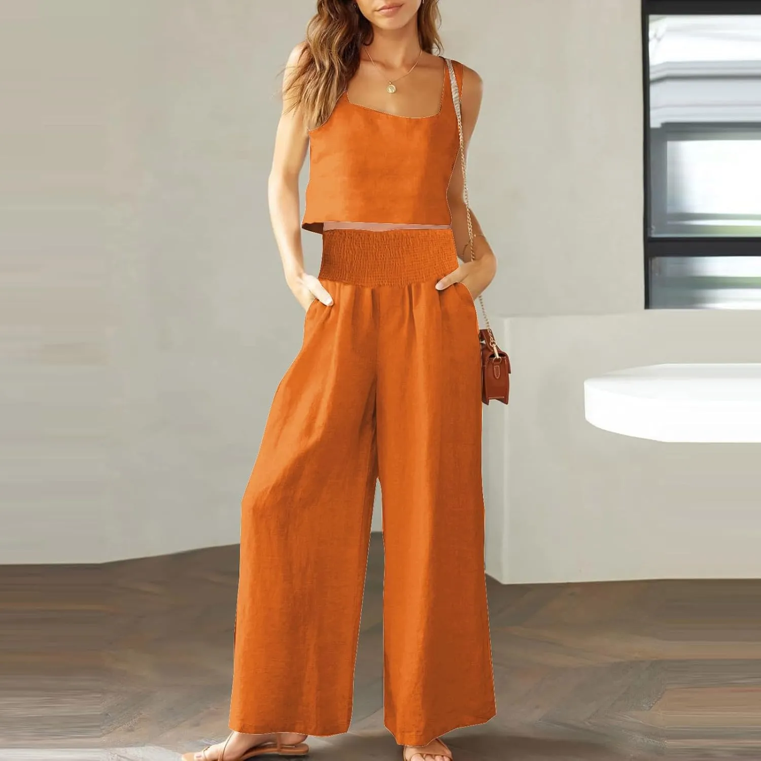 2 Piece Sets For Women Summer 2024 Cotton Linen Crop Tank Top & Wide Leg Pants Matching Set Beach Vacation Outfits