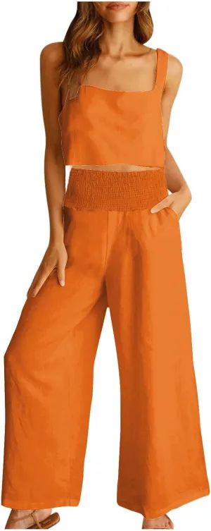 2 Piece Sets For Women Summer 2024 Cotton Linen Crop Tank Top & Wide Leg Pants Matching Set Beach Vacation Outfits