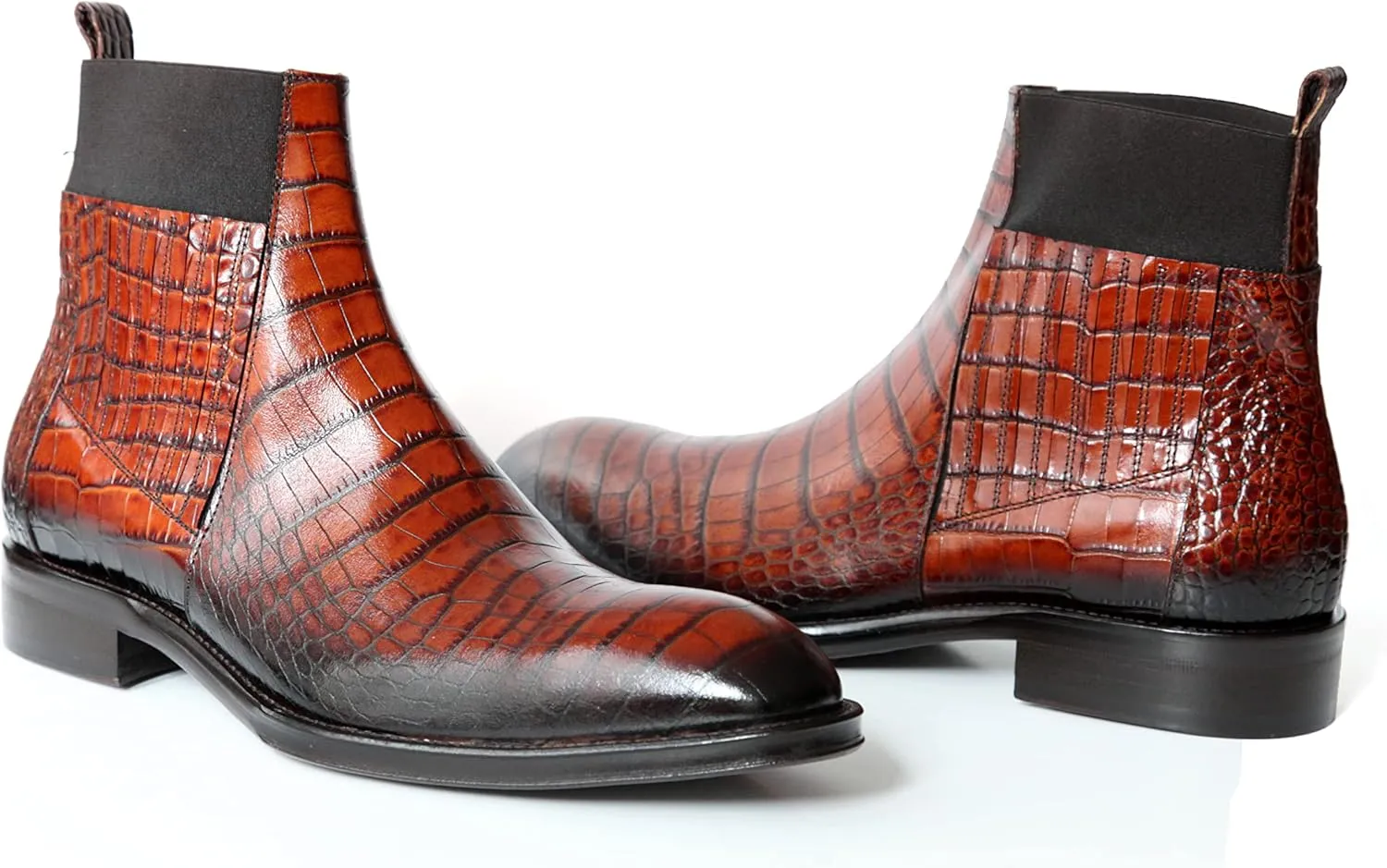 2724U Italian Cognac Crocodile Print Leather Slip On Boots