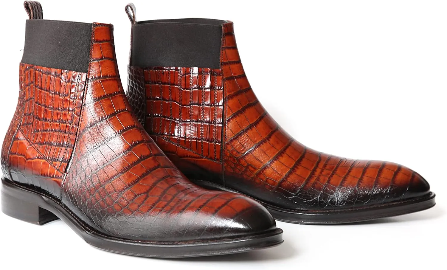 2724U Italian Cognac Crocodile Print Leather Slip On Boots