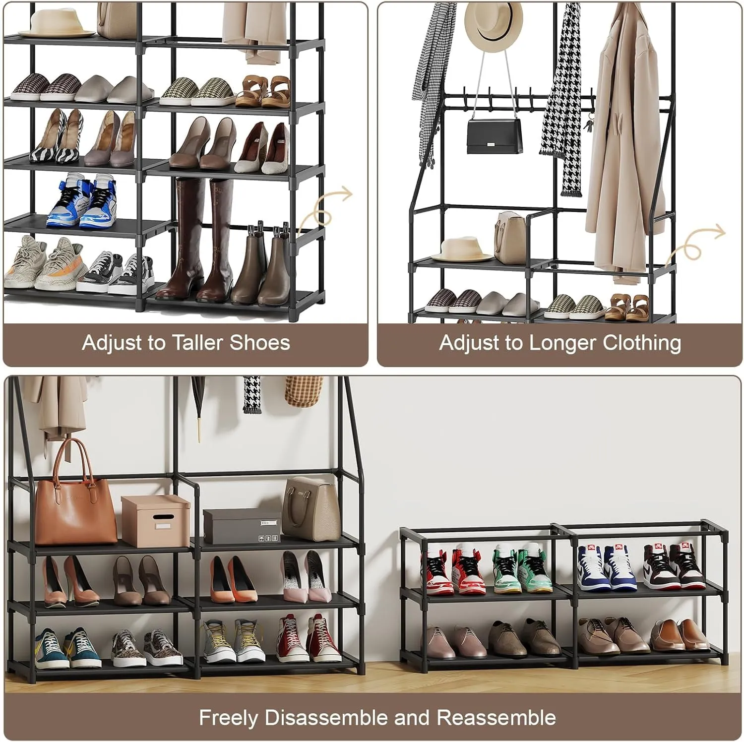 3-in-1 Double Row Coat Rack Freestanding with Shoe Storage Entryway Organizer 5-Tier Shoe Rack, 16 Hooks, Hall Tree for Home or Office, Black