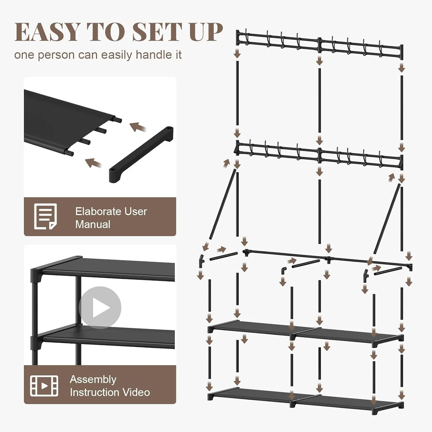 3-in-1 Double Row Coat Rack Freestanding with Shoe Storage Entryway Organizer 5-Tier Shoe Rack, 16 Hooks, Hall Tree for Home or Office, Black