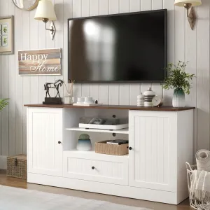 63 in Farmhouse TV Stand for TVs up to 70 Inch, Modern Entertainment Center with Storage Drawer and Open Shelves, Shaker Door TV Console Media Cabinet for Living Room, Bedroom, White