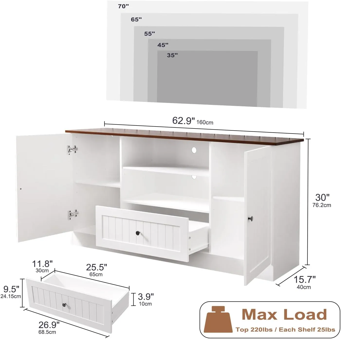 63 in Farmhouse TV Stand for TVs up to 70 Inch, Modern Entertainment Center with Storage Drawer and Open Shelves, Shaker Door TV Console Media Cabinet for Living Room, Bedroom, White