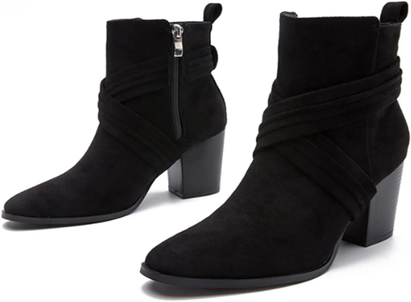Aflngle Women's Stylish Ankle Boots Sexy Pointed Toe Block Chunky High Heel Suede Dress Shoes Vintage Classic Zipper Fall Winter Booties