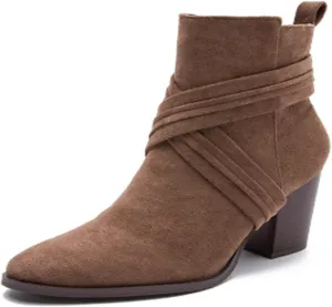 Aflngle Women's Stylish Ankle Boots Sexy Pointed Toe Block Chunky High Heel Suede Dress Shoes Vintage Classic Zipper Fall Winter Booties