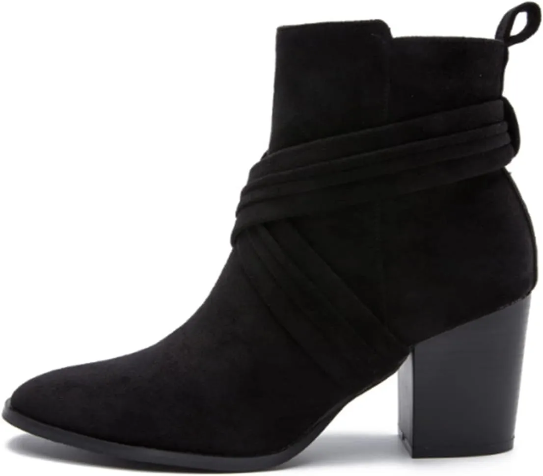 Aflngle Women's Stylish Ankle Boots Sexy Pointed Toe Block Chunky High Heel Suede Dress Shoes Vintage Classic Zipper Fall Winter Booties