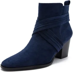 Aflngle Women's Stylish Ankle Boots Sexy Pointed Toe Block Chunky High Heel Suede Dress Shoes Vintage Classic Zipper Fall Winter Booties