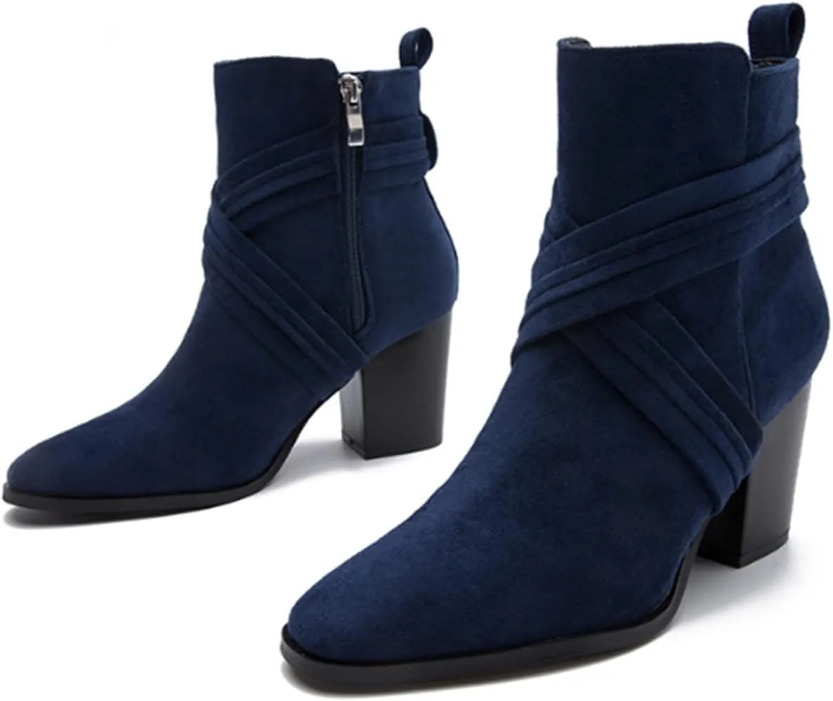 Aflngle Women's Stylish Ankle Boots Sexy Pointed Toe Block Chunky High Heel Suede Dress Shoes Vintage Classic Zipper Fall Winter Booties