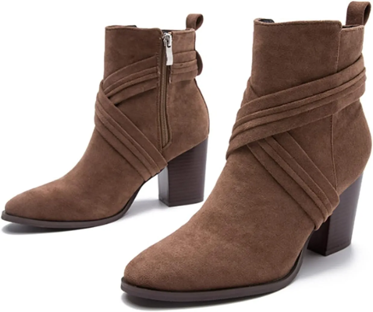 Aflngle Women's Stylish Ankle Boots Sexy Pointed Toe Block Chunky High Heel Suede Dress Shoes Vintage Classic Zipper Fall Winter Booties