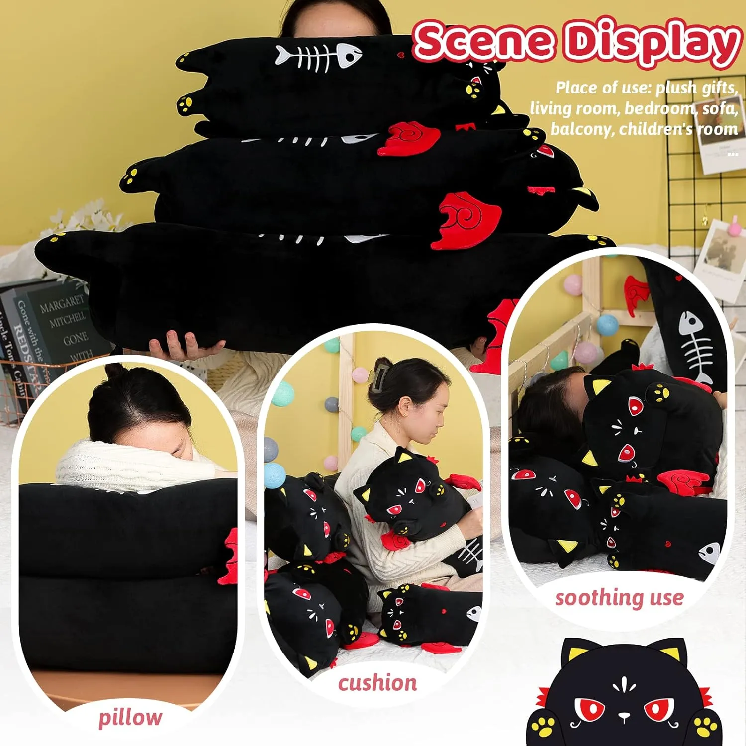 AIXINI Long Cat Plush Pillow Luminous Light Up Black Cat Stuffed Animals, Soft Kawaii Kitten Plushies Pillow Toy for Kids (Luminous,27.5inch)