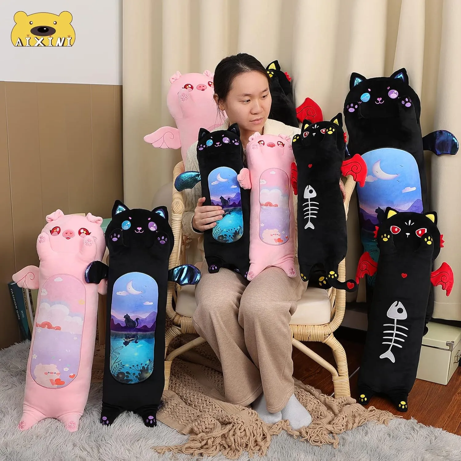 AIXINI Long Cat Plush Pillow Luminous Light Up Black Cat Stuffed Animals, Soft Kawaii Kitten Plushies Pillow Toy for Kids (Luminous,27.5inch)