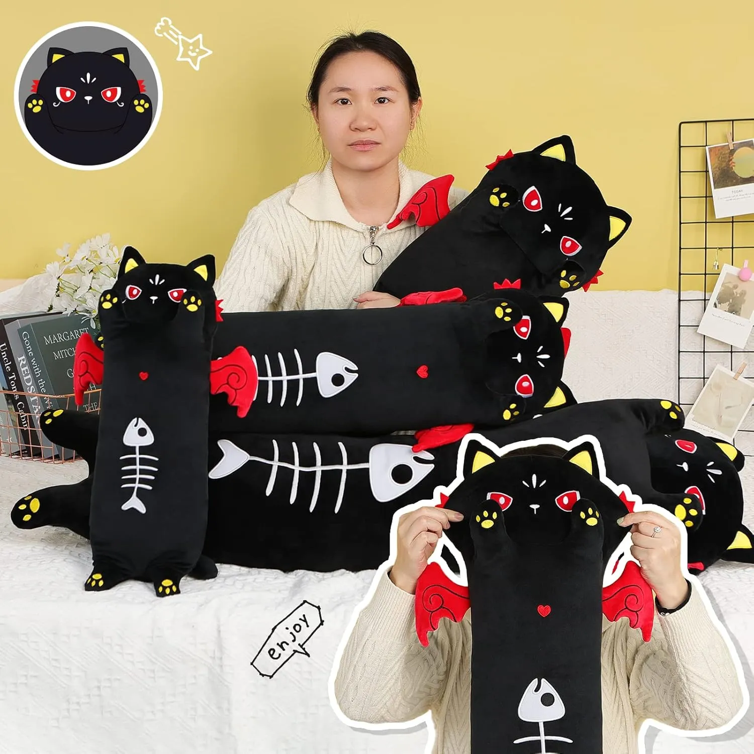 AIXINI Long Cat Plush Pillow Luminous Light Up Black Cat Stuffed Animals, Soft Kawaii Kitten Plushies Pillow Toy for Kids (Luminous,27.5inch)