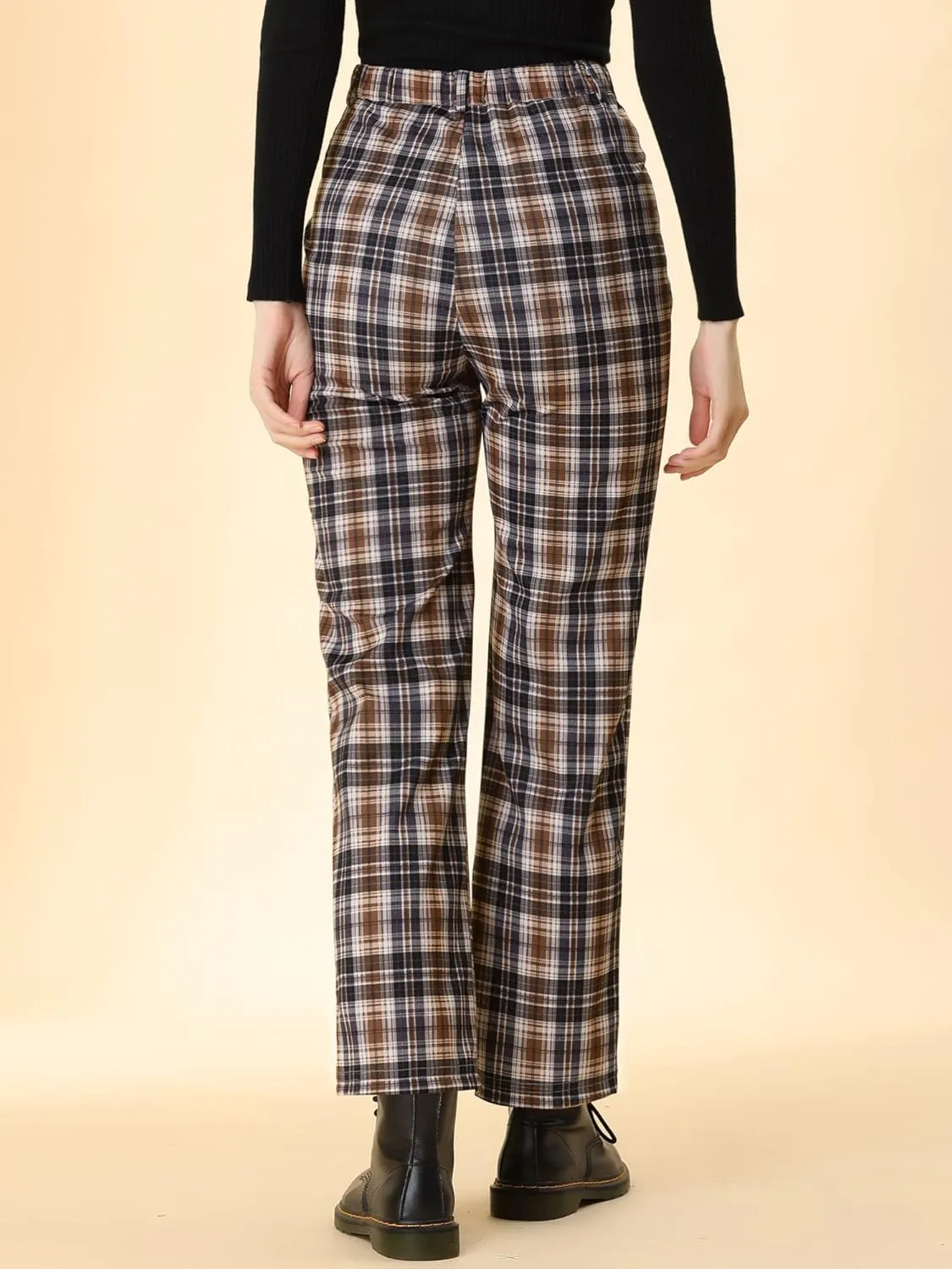 Allegra K Women's Plaid Cropped Trousers Button Casual Tartan Check Work Pants
