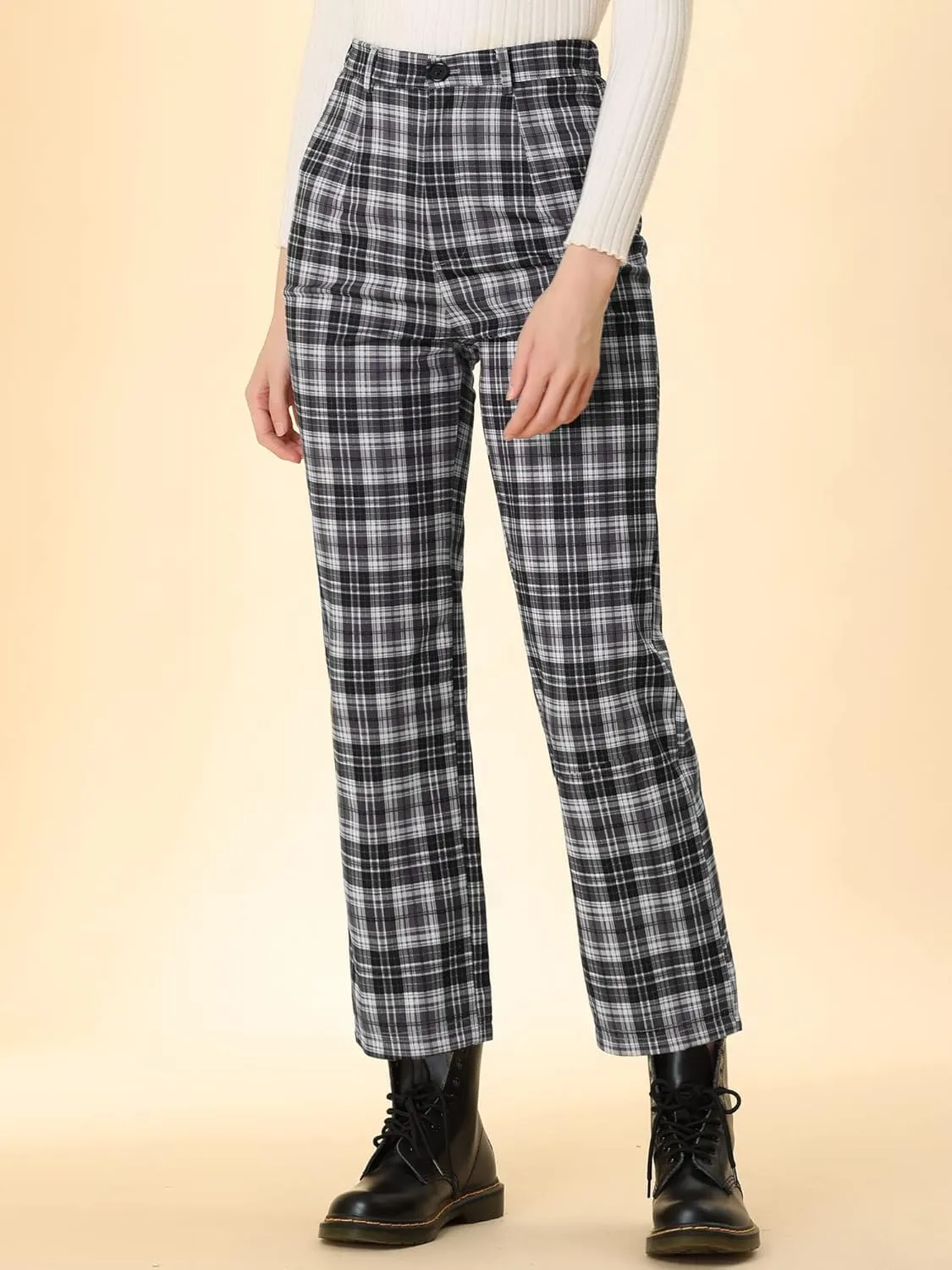 Allegra K Women's Plaid Cropped Trousers Button Casual Tartan Check Work Pants