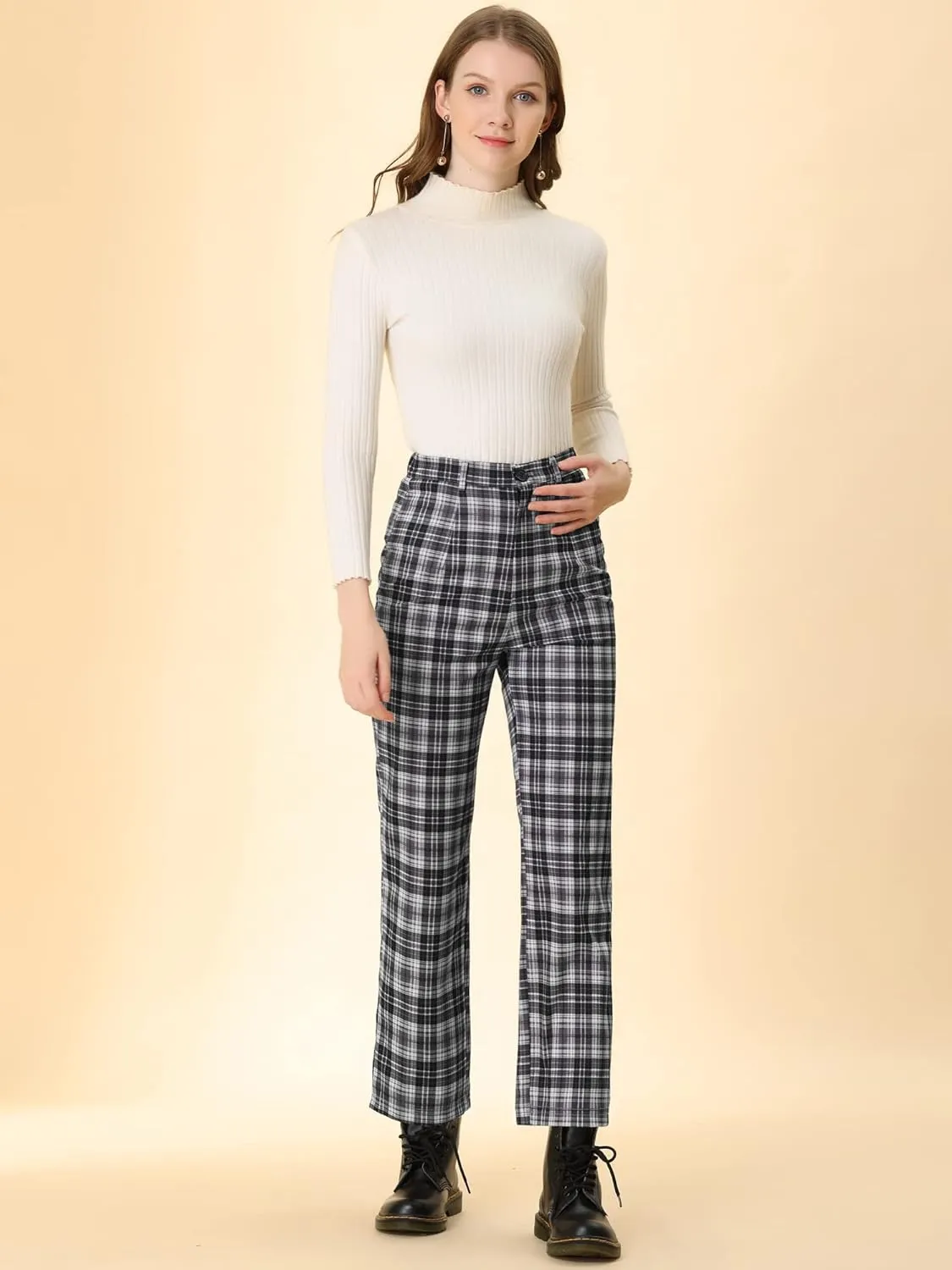 Allegra K Women's Plaid Cropped Trousers Button Casual Tartan Check Work Pants