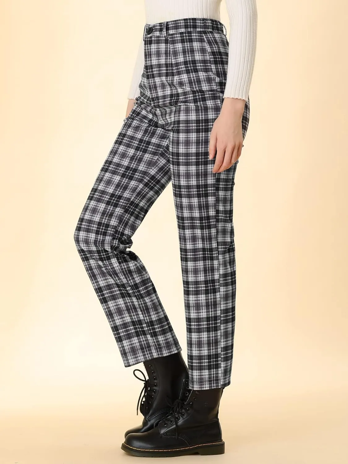 Allegra K Women's Plaid Cropped Trousers Button Casual Tartan Check Work Pants