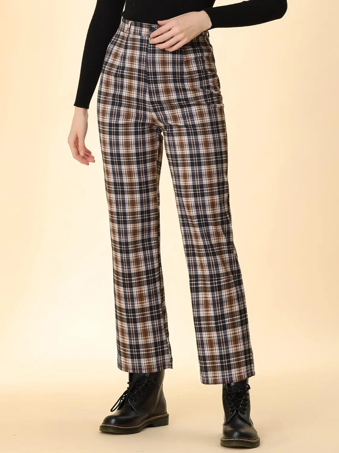 Allegra K Women's Plaid Cropped Trousers Button Casual Tartan Check Work Pants