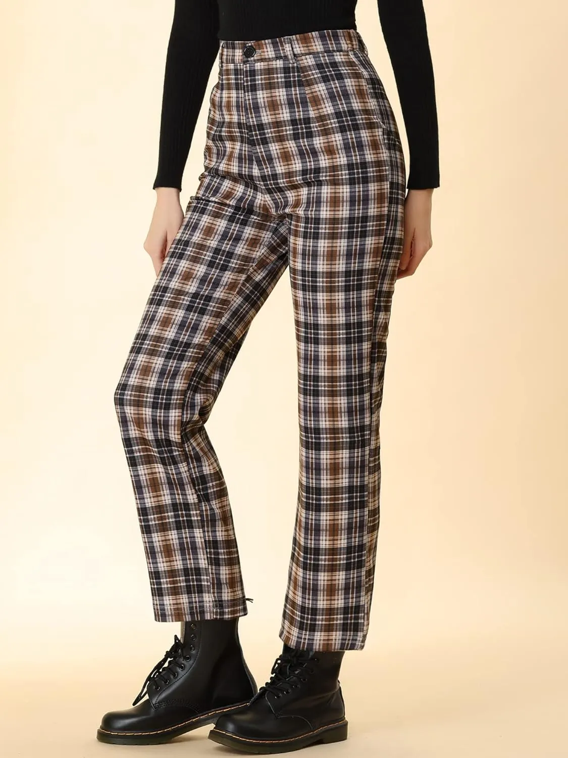 Allegra K Women's Plaid Cropped Trousers Button Casual Tartan Check Work Pants