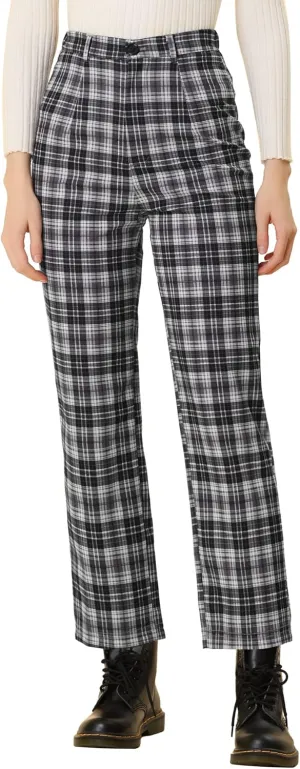 Allegra K Women's Plaid Cropped Trousers Button Casual Tartan Check Work Pants