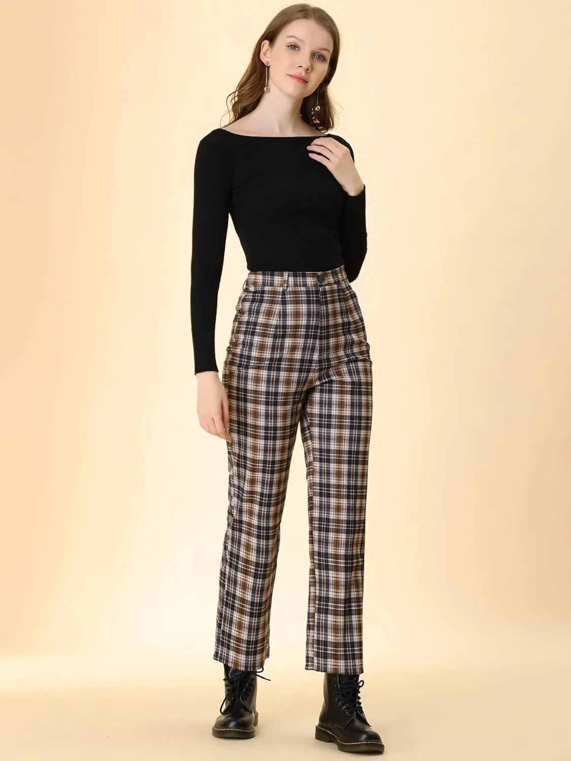 Allegra K Women's Plaid Cropped Trousers Button Casual Tartan Check Work Pants