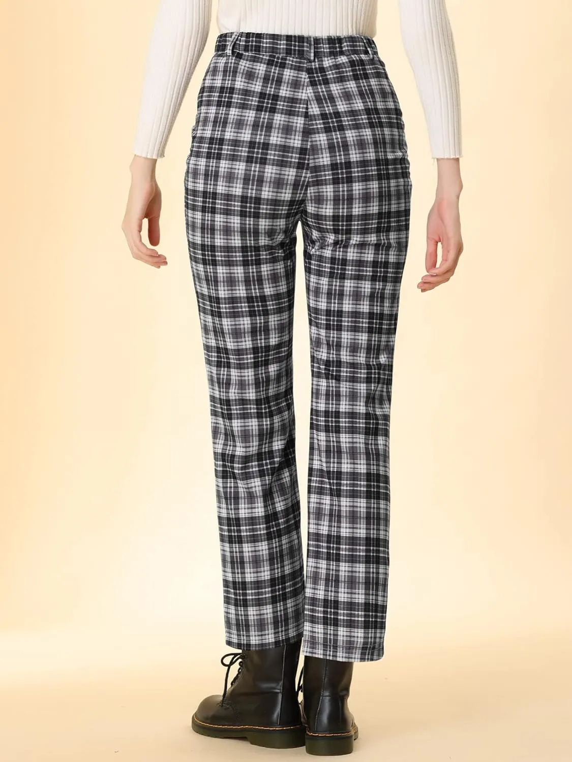 Allegra K Women's Plaid Cropped Trousers Button Casual Tartan Check Work Pants