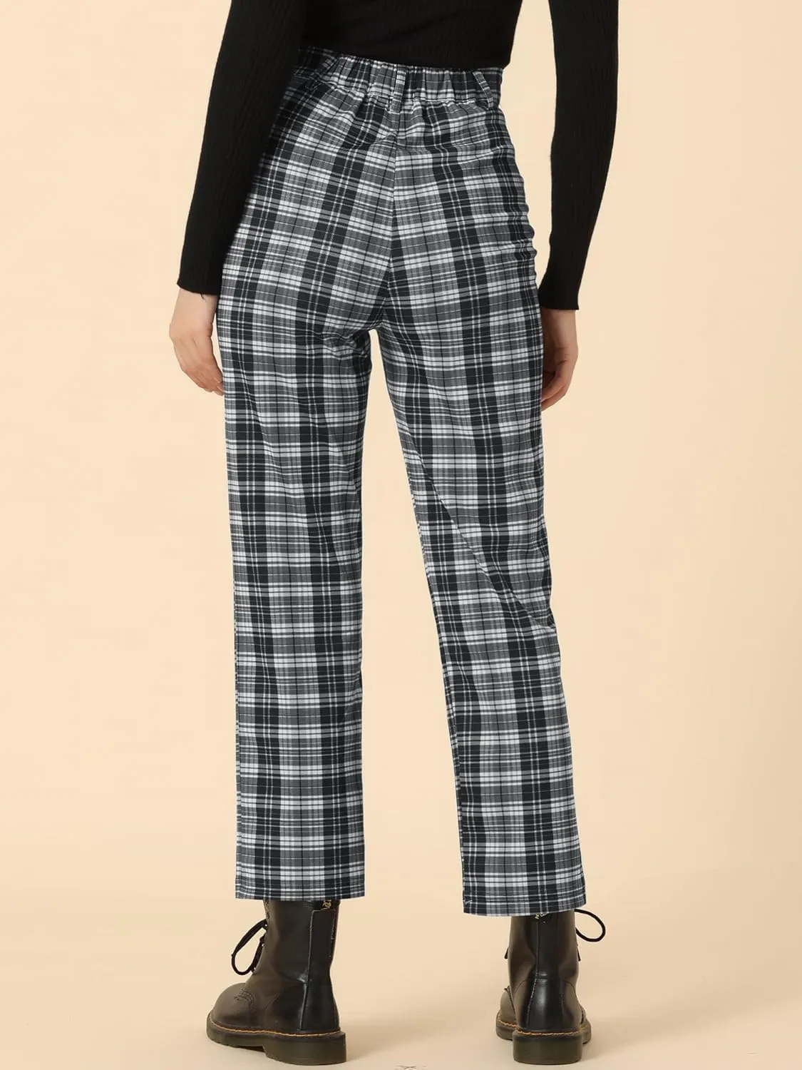 Allegra K Women's Plaid Cropped Trousers Button Casual Tartan Check Work Pants