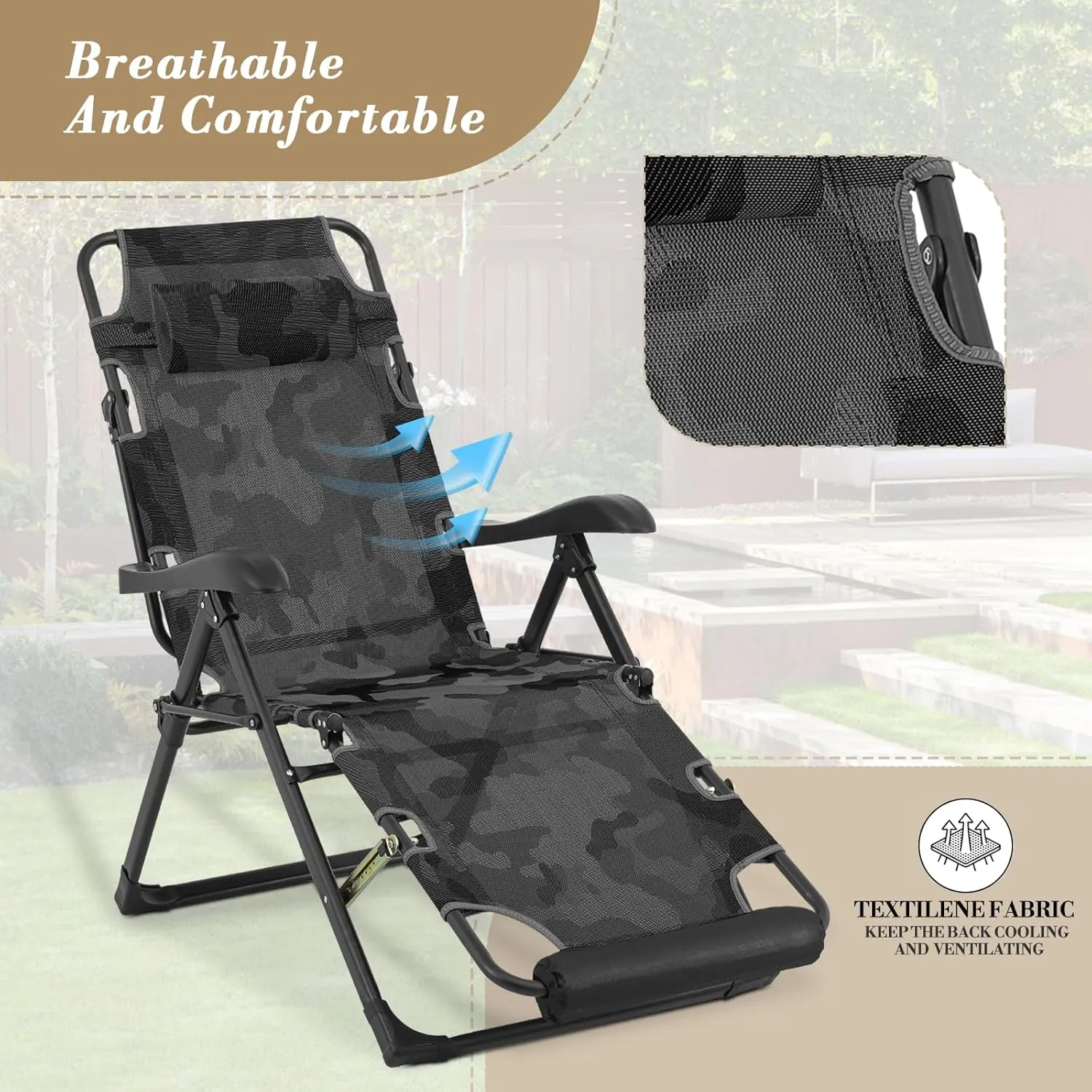 Athena Collection Zero Gravity Outdoor Lounge Chair Recliner Set of 2, 27" Width Reclining Pool Lounge Lawn Chairs with Headrest, Outdoor Chaise for Beach Patio Backyard Outside, Camouflage