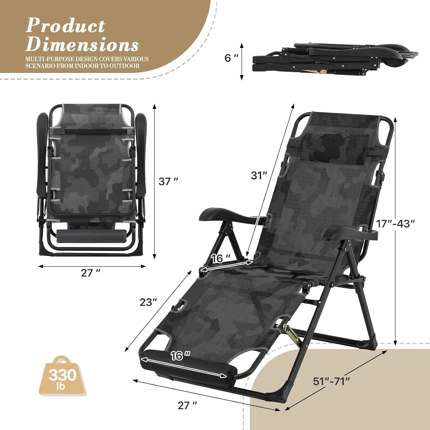 Athena Collection Zero Gravity Outdoor Lounge Chair Recliner Set of 2, 27" Width Reclining Pool Lounge Lawn Chairs with Headrest, Outdoor Chaise for Beach Patio Backyard Outside, Camouflage