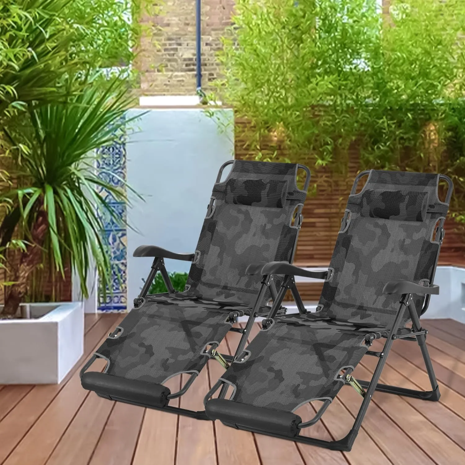 Athena Collection Zero Gravity Outdoor Lounge Chair Recliner Set of 2, 27" Width Reclining Pool Lounge Lawn Chairs with Headrest, Outdoor Chaise for Beach Patio Backyard Outside, Camouflage