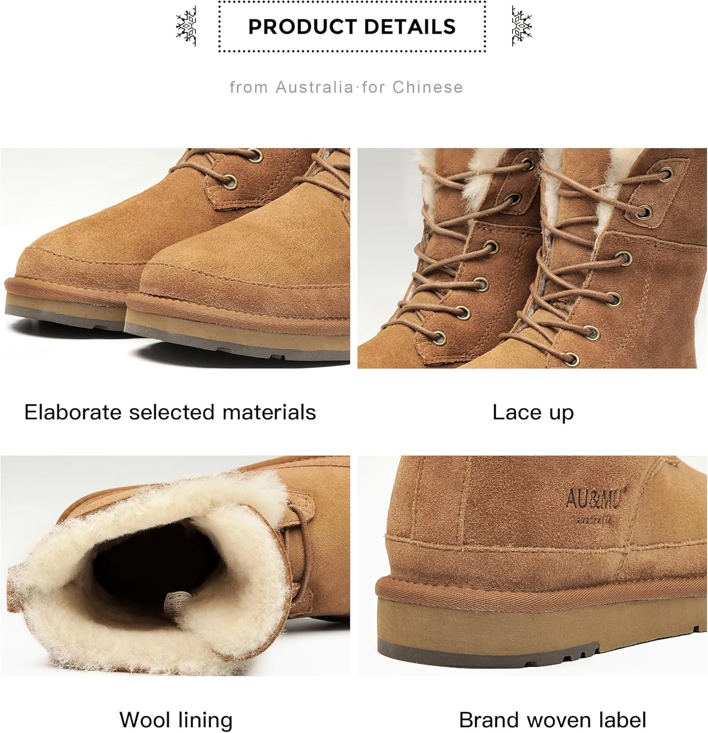 AU&MU Aumu Womens Shearling Leather Sheepskin Classic Lace up Mid Calf Flat Fur Winter Snow Boots…