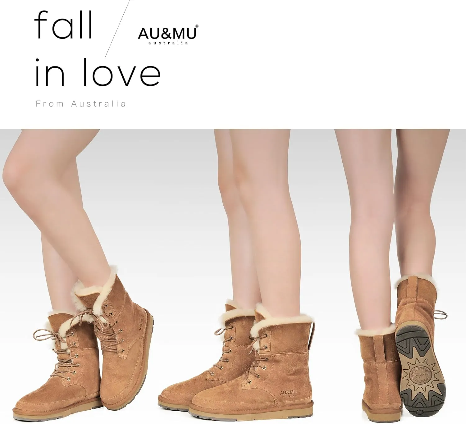 AU&MU Aumu Womens Shearling Leather Sheepskin Classic Lace up Mid Calf Flat Fur Winter Snow Boots…