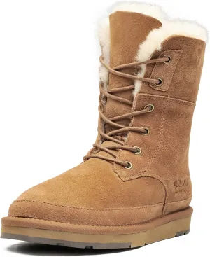 AU&MU Aumu Womens Shearling Leather Sheepskin Classic Lace up Mid Calf Flat Fur Winter Snow Boots…