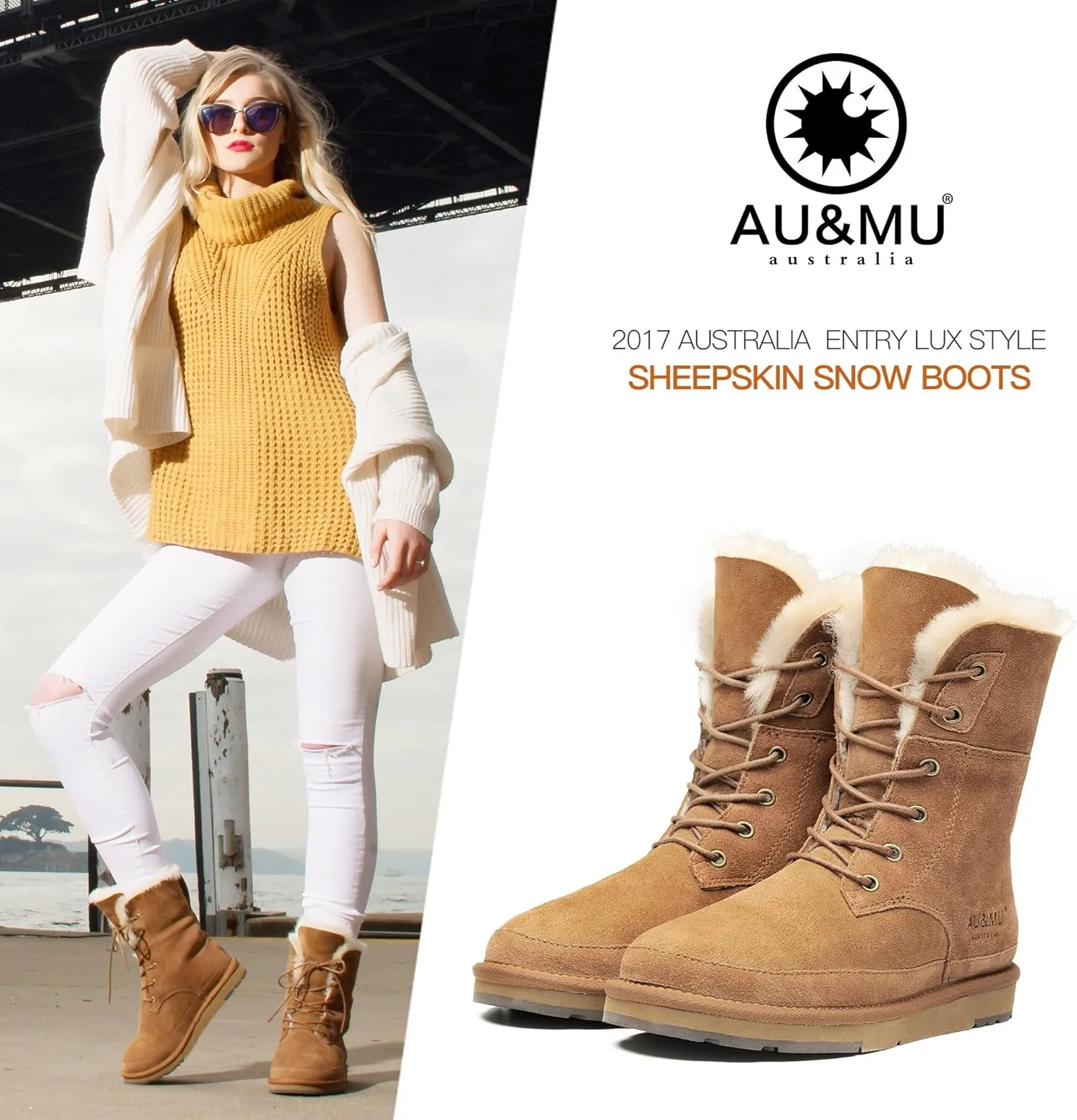 AU&MU Aumu Womens Shearling Leather Sheepskin Classic Lace up Mid Calf Flat Fur Winter Snow Boots…