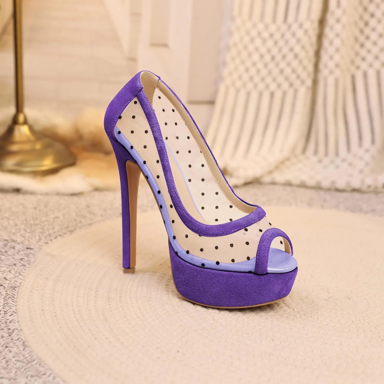 AUMOTED Women's Peep Toe High Heel Platform Stiletto Pumps Slip On Patent Mesh Polka Dot Heels 5.5" Party Wedding Dress Shoes