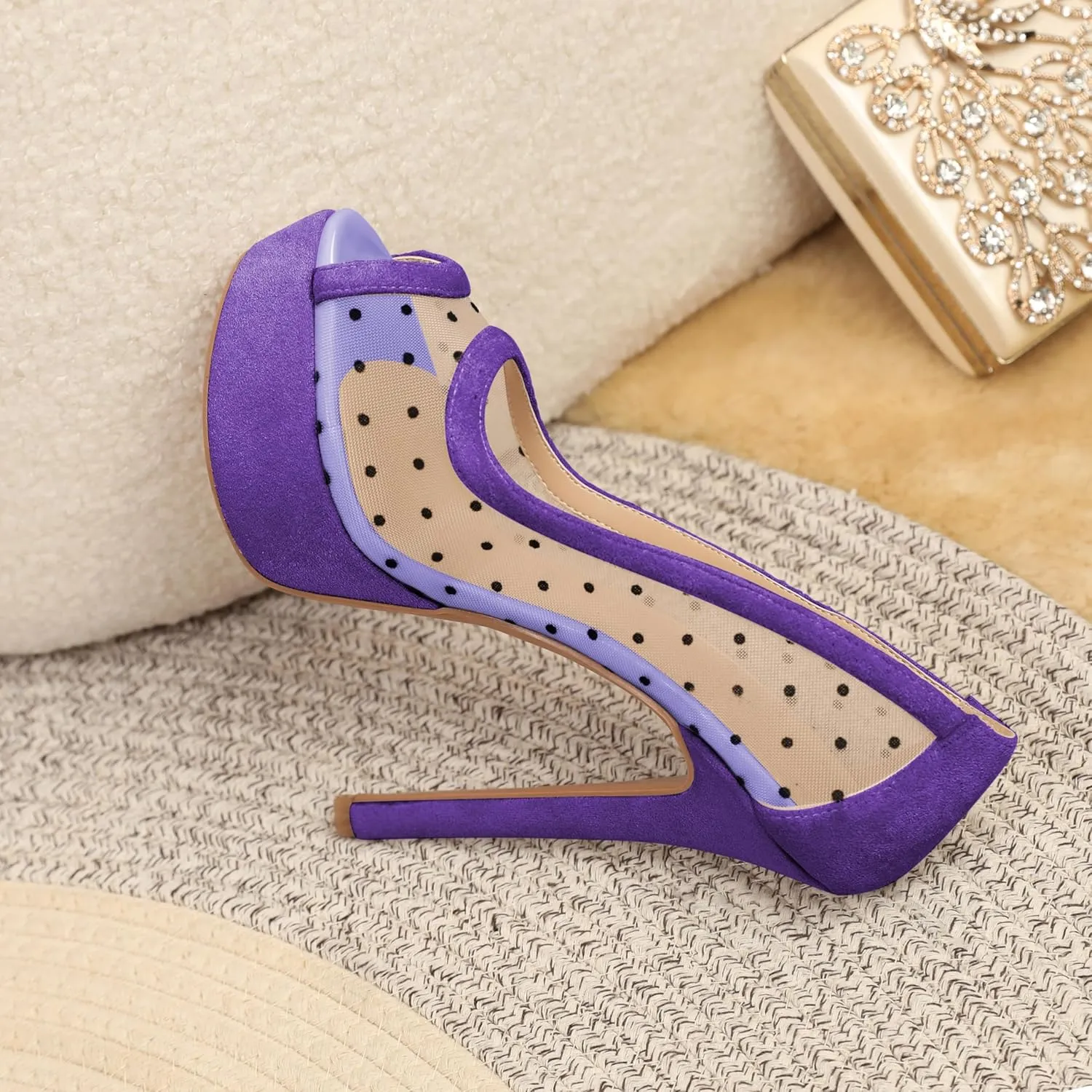 AUMOTED Women's Peep Toe High Heel Platform Stiletto Pumps Slip On Patent Mesh Polka Dot Heels 5.5" Party Wedding Dress Shoes