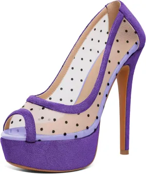 AUMOTED Women's Peep Toe High Heel Platform Stiletto Pumps Slip On Patent Mesh Polka Dot Heels 5.5" Party Wedding Dress Shoes