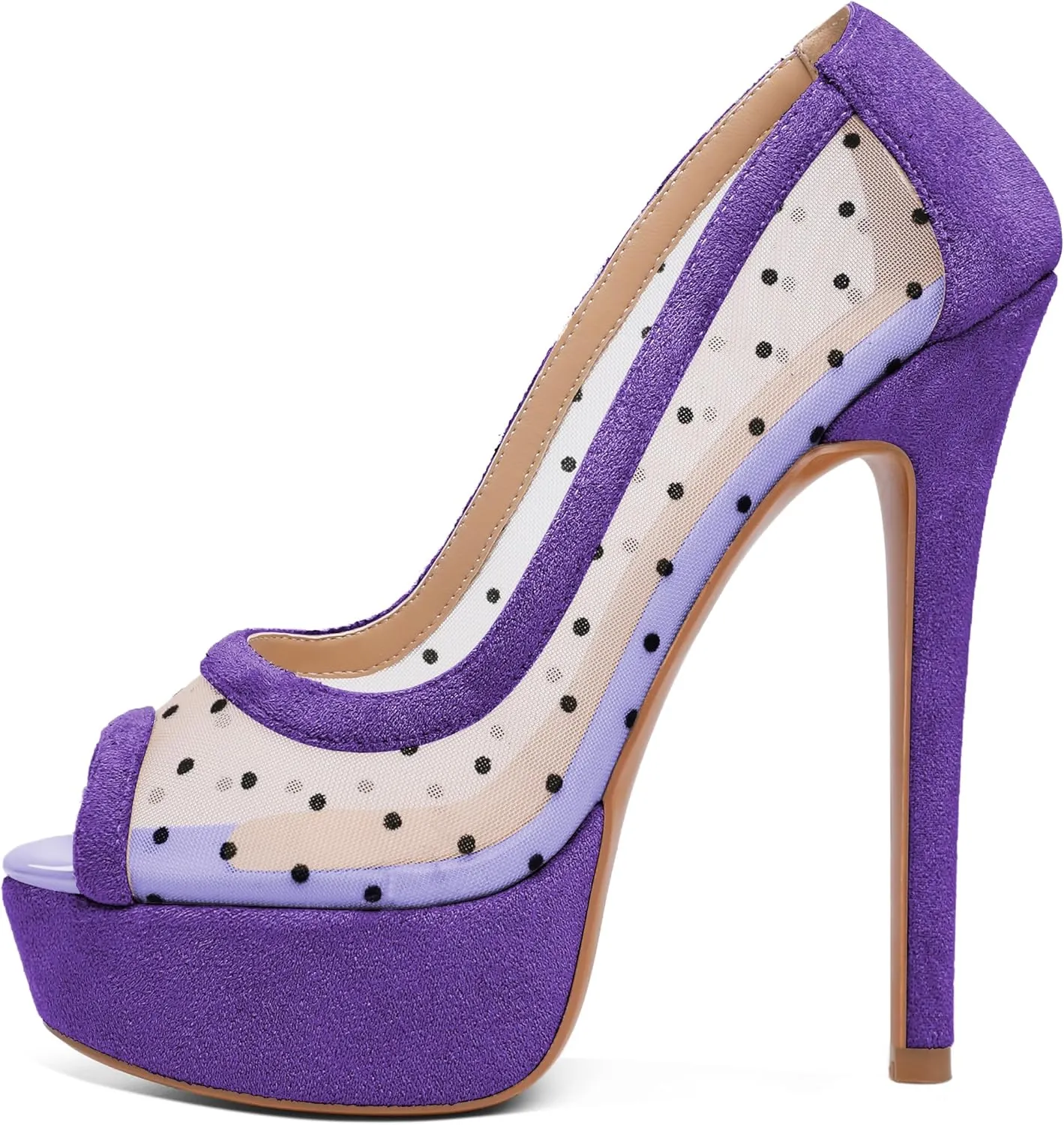AUMOTED Women's Peep Toe High Heel Platform Stiletto Pumps Slip On Patent Mesh Polka Dot Heels 5.5" Party Wedding Dress Shoes