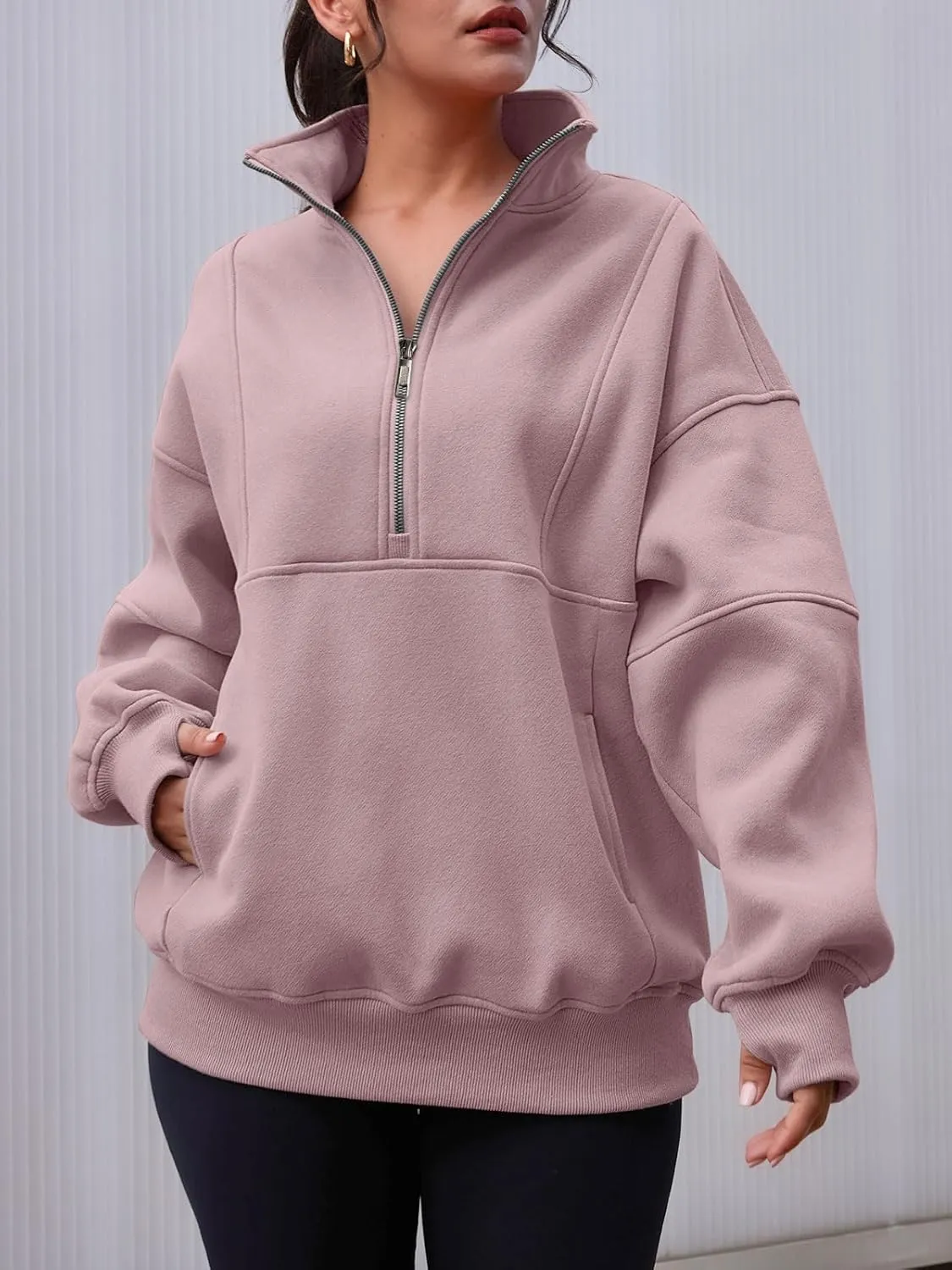 AUTOMET Women's Half Zip Oversized Sweatshirts Fleece Pullover Long Hoodies Casual Mock Turtleneck Sweaters with Pockets