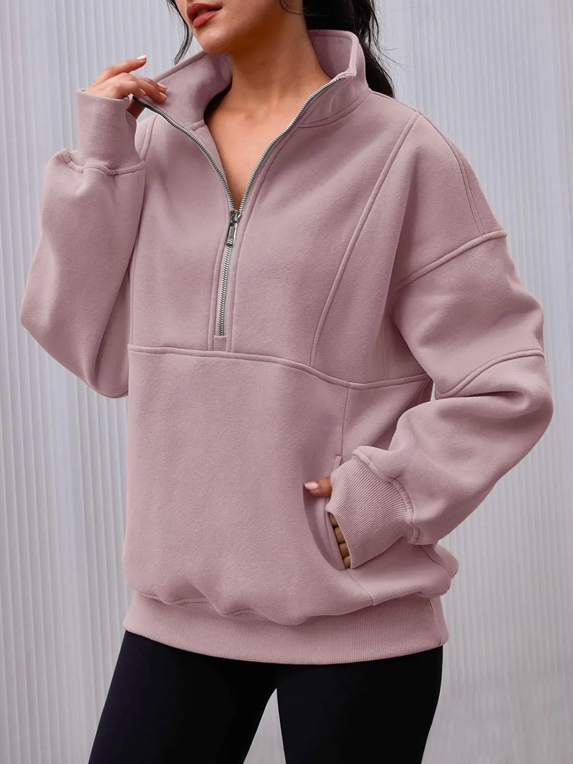 AUTOMET Women's Half Zip Oversized Sweatshirts Fleece Pullover Long Hoodies Casual Mock Turtleneck Sweaters with Pockets