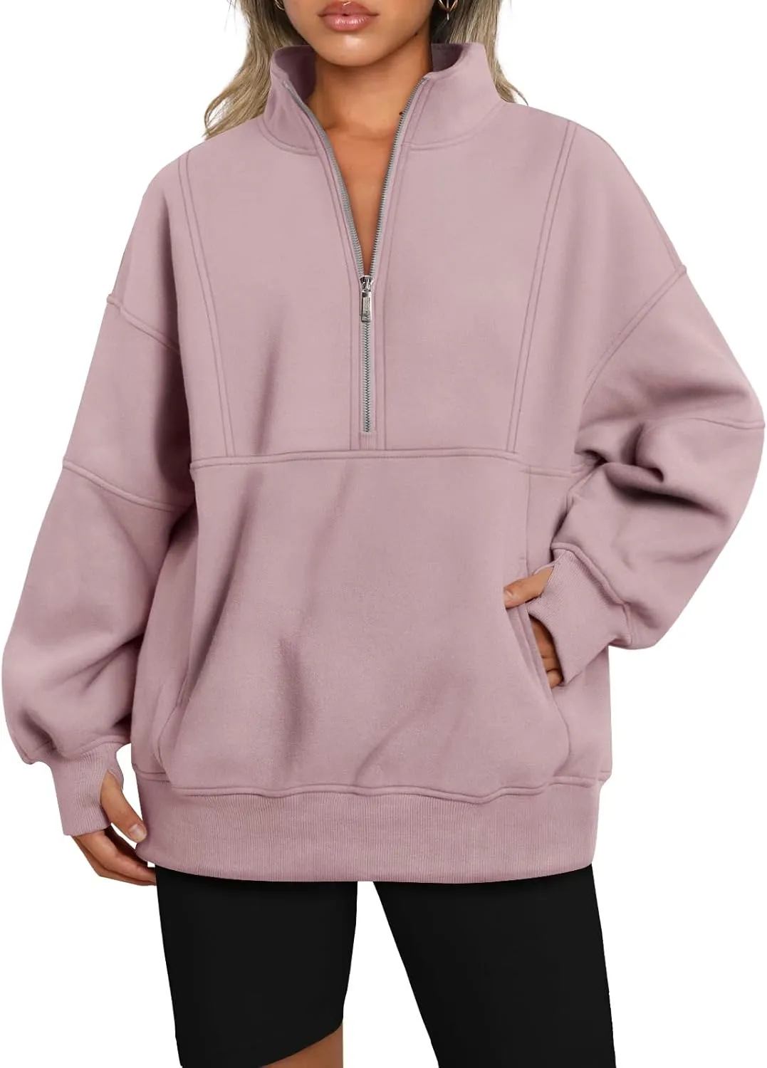 AUTOMET Women's Half Zip Oversized Sweatshirts Fleece Pullover Long Hoodies Casual Mock Turtleneck Sweaters with Pockets