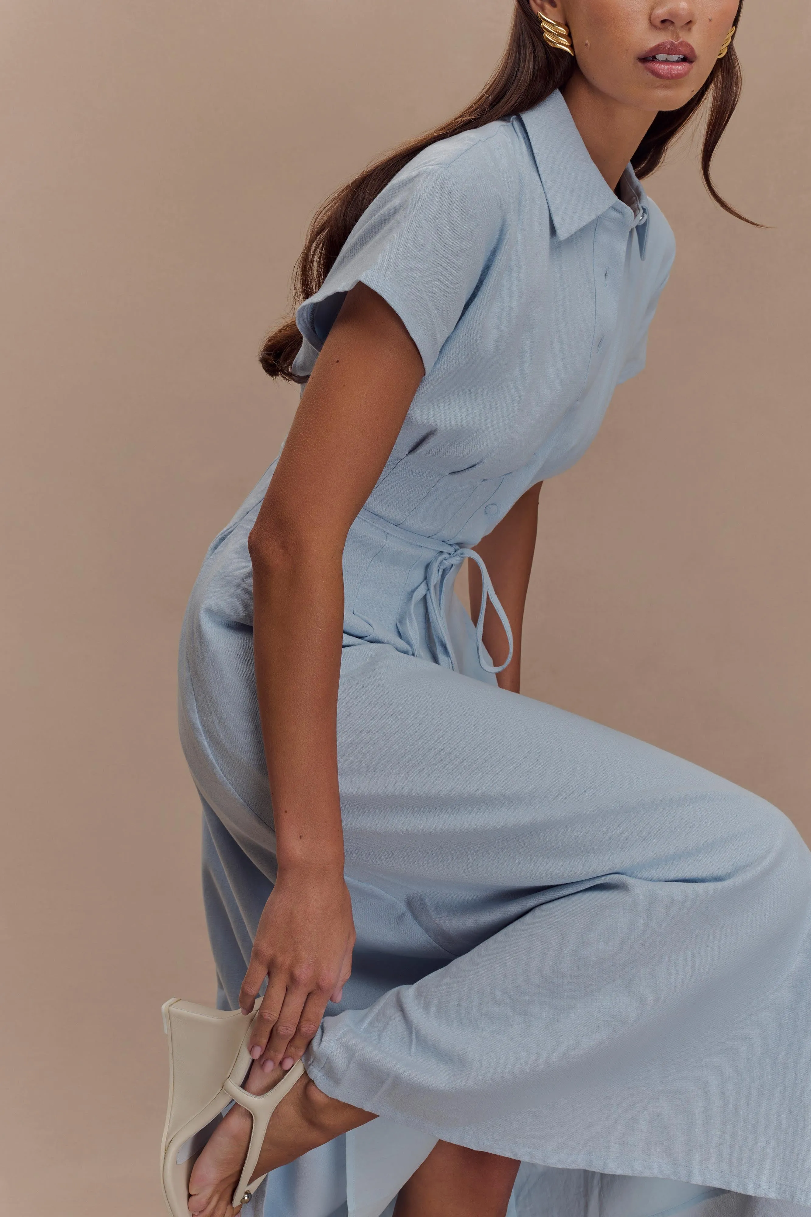 Aysha Buttoned Linen Midi Dress - Cornflower Blue