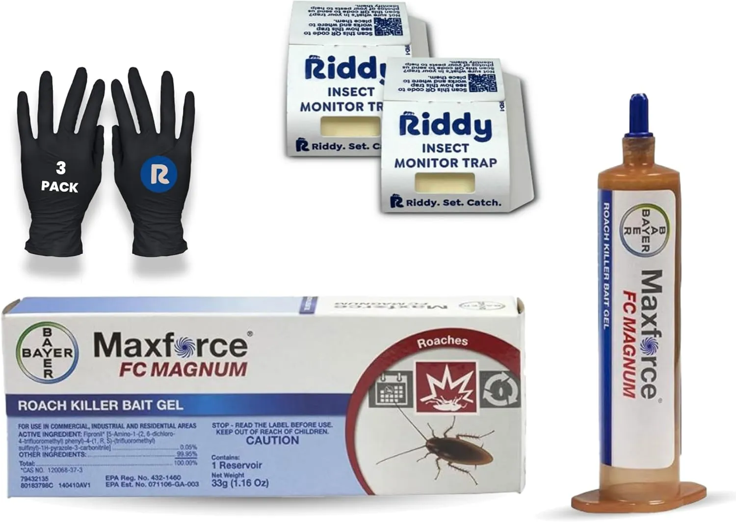 Bayer Maxforce FC Magnum Roach Gel with Fast-Acting Contact Technology, 2-Pack Riddy Insect Monitor Boards, 3-Pack Riddy Nitrile Gloves, Complete Indoor/Outdoor Insect Solution