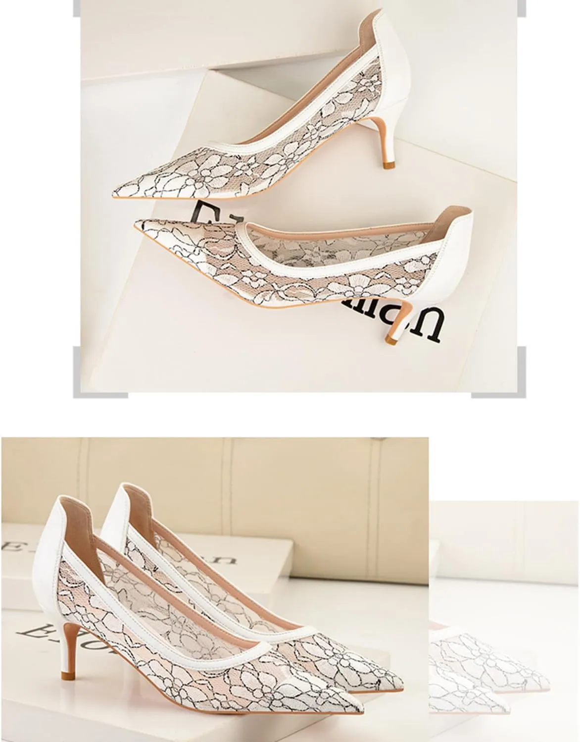 bbruriy Womens Lace Mesh Low Kitten Heel Pumps Classic Fashion Dress Pumps Slip on Elegant Heeled Shoes for Casual Comfort Office Work