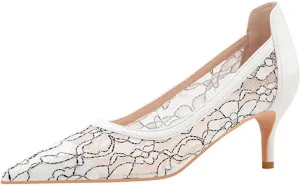 bbruriy Womens Lace Mesh Low Kitten Heel Pumps Classic Fashion Dress Pumps Slip on Elegant Heeled Shoes for Casual Comfort Office Work