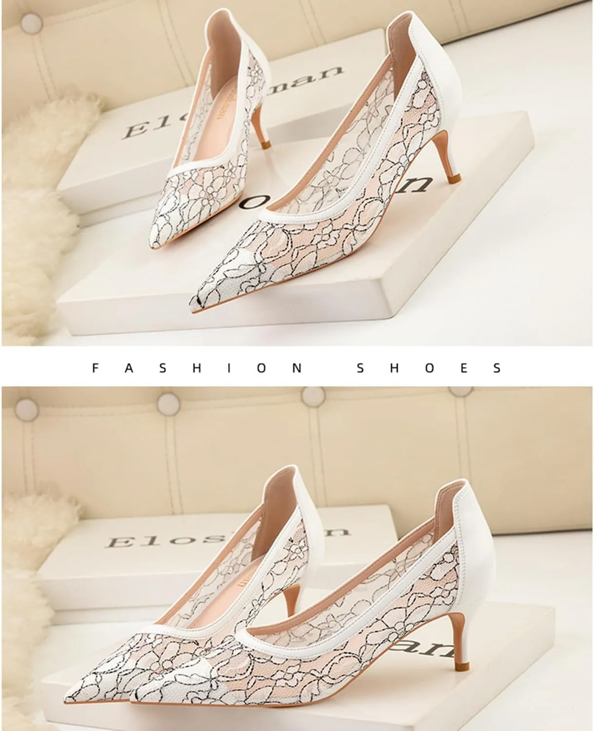 bbruriy Womens Lace Mesh Low Kitten Heel Pumps Classic Fashion Dress Pumps Slip on Elegant Heeled Shoes for Casual Comfort Office Work