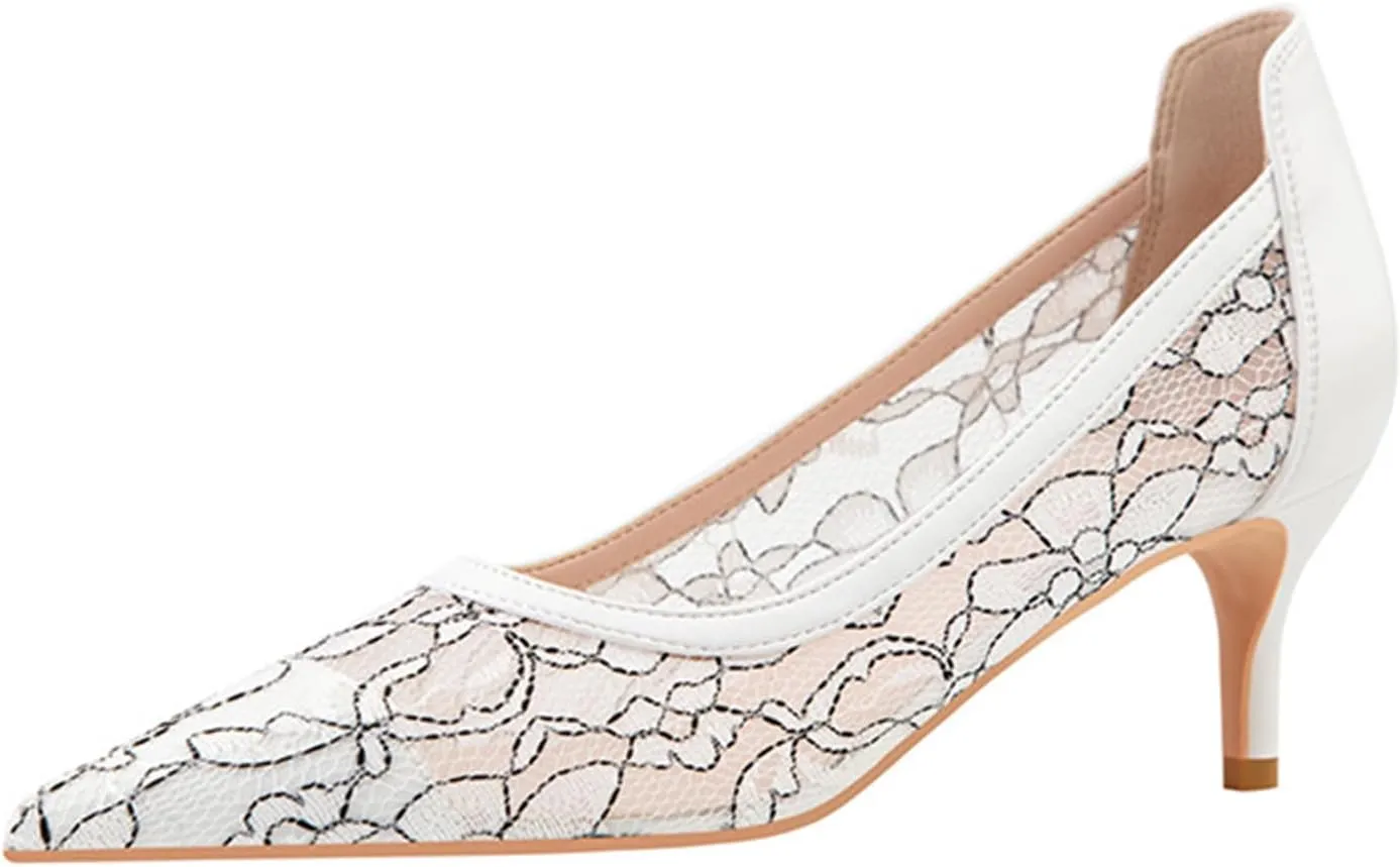 bbruriy Womens Lace Mesh Low Kitten Heel Pumps Classic Fashion Dress Pumps Slip on Elegant Heeled Shoes for Casual Comfort Office Work